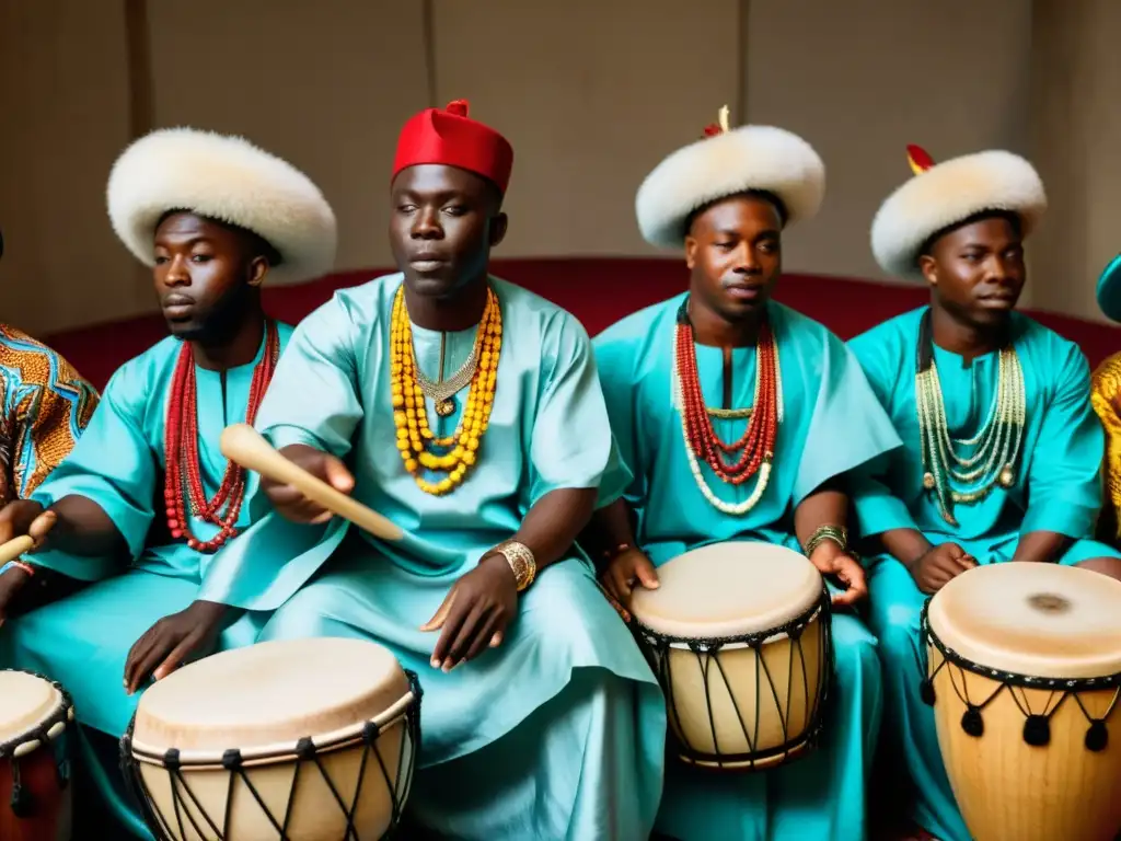 Un grupo de tambores Yoruba, vestidos con trajes tradicionales, tocan apasionadamente durante una ceremonia religiosa