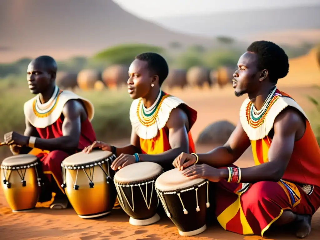 Grupo de tamborileros africanos en una aldea tradicional, vistiendo ropas vibrantes, con expresiones faciales intensas y paisaje cultural