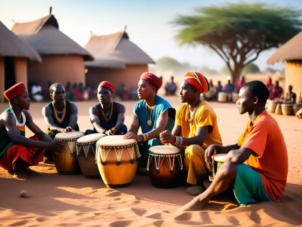 Grupo de tamborileros africanos tocando con intensidad en una plaza polvorienta al atardecer