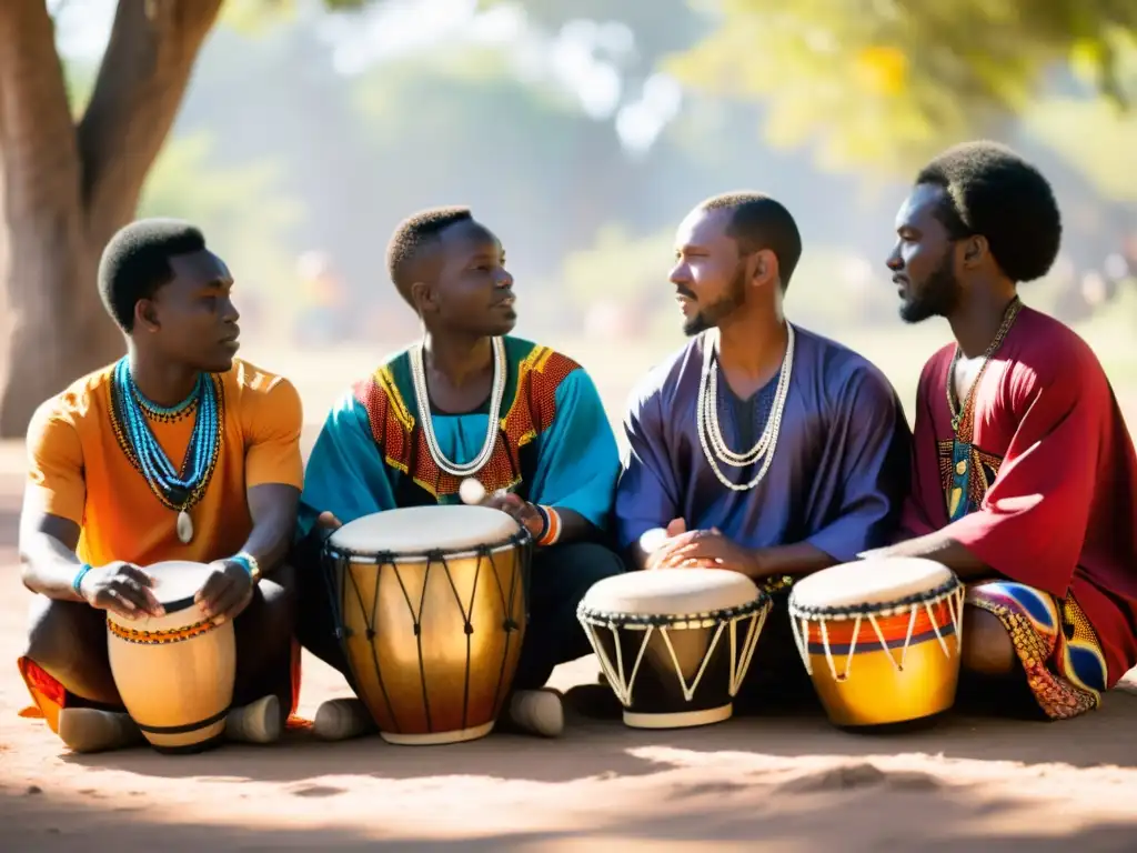 Un grupo de tamborileros africanos tocando con pasión y concentración, vistiendo ropa colorida y tradicional