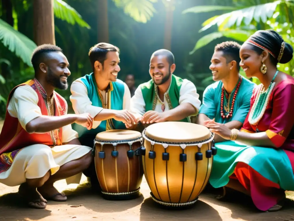 Grupo de tamborileros tocando en un bosque vibrante, mostrando el rol de los tamborileros en la música sostenible