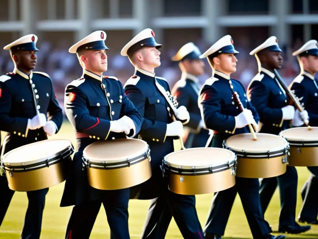 Un grupo de tamborileros militares en uniforme ejecutando ritmos precisos mientras la luz del sol resplandece en sus instrumentos