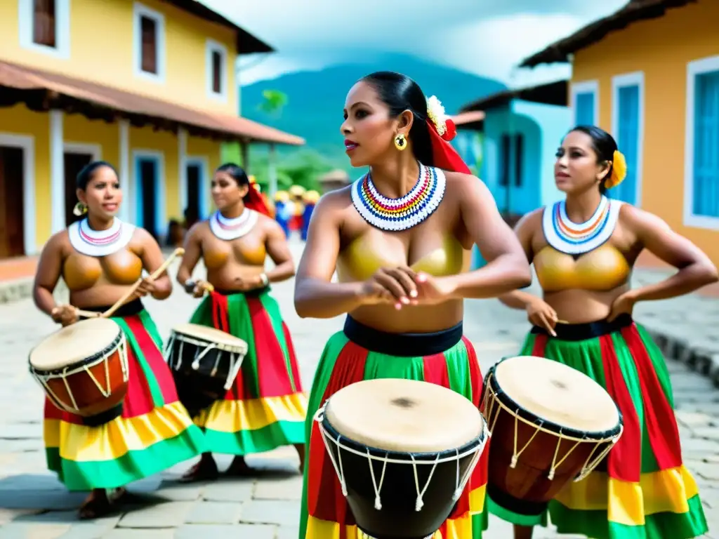 Grupo de tamborileros panameños tocando el tamborito en una plaza tradicional, con trajes vibrantes y técnicas de percusión