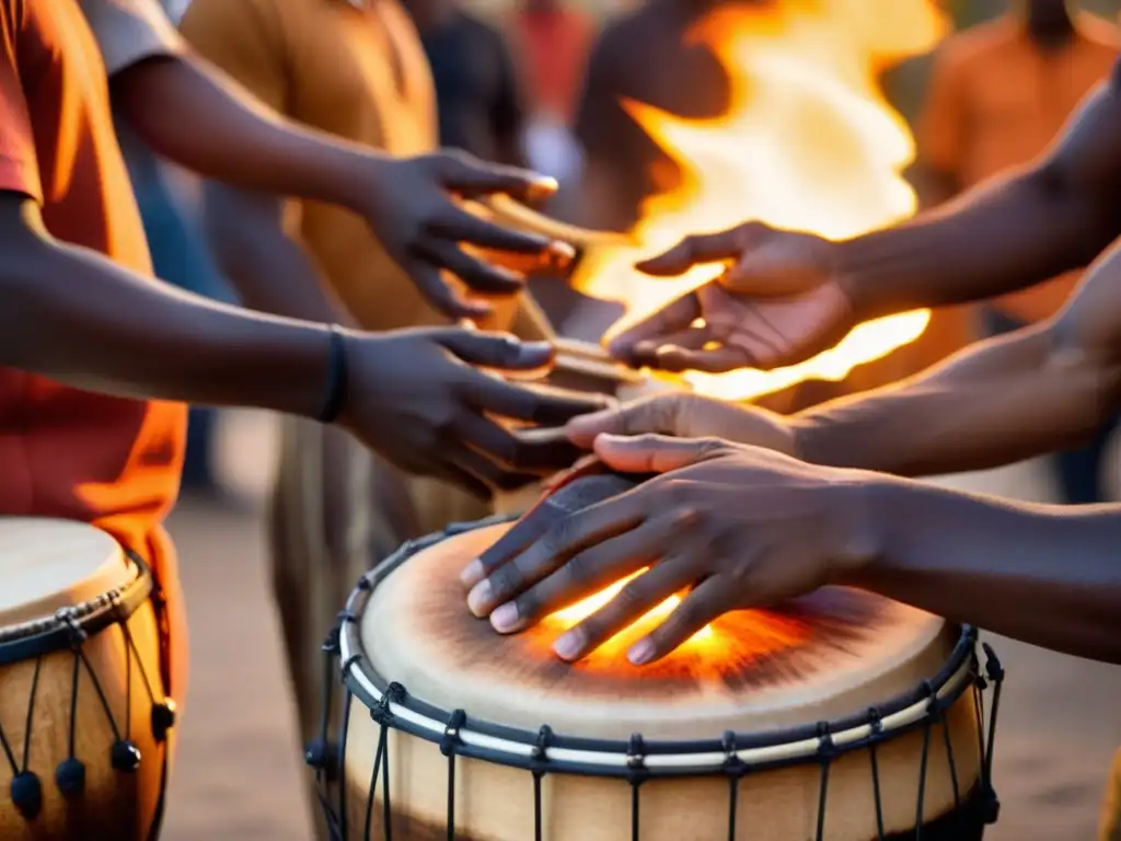 Grupo de tamborileros tocando tambores africanos alrededor de una fogata, reflejando la esencia del uso del tambor en rituales afroamericanos