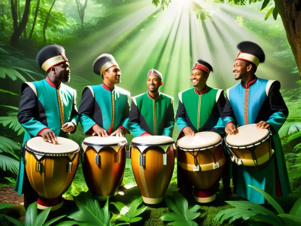 Grupo de tamborileros tradicionales tocando en un exuberante bosque, con trajes vibrantes y tambores intrincados