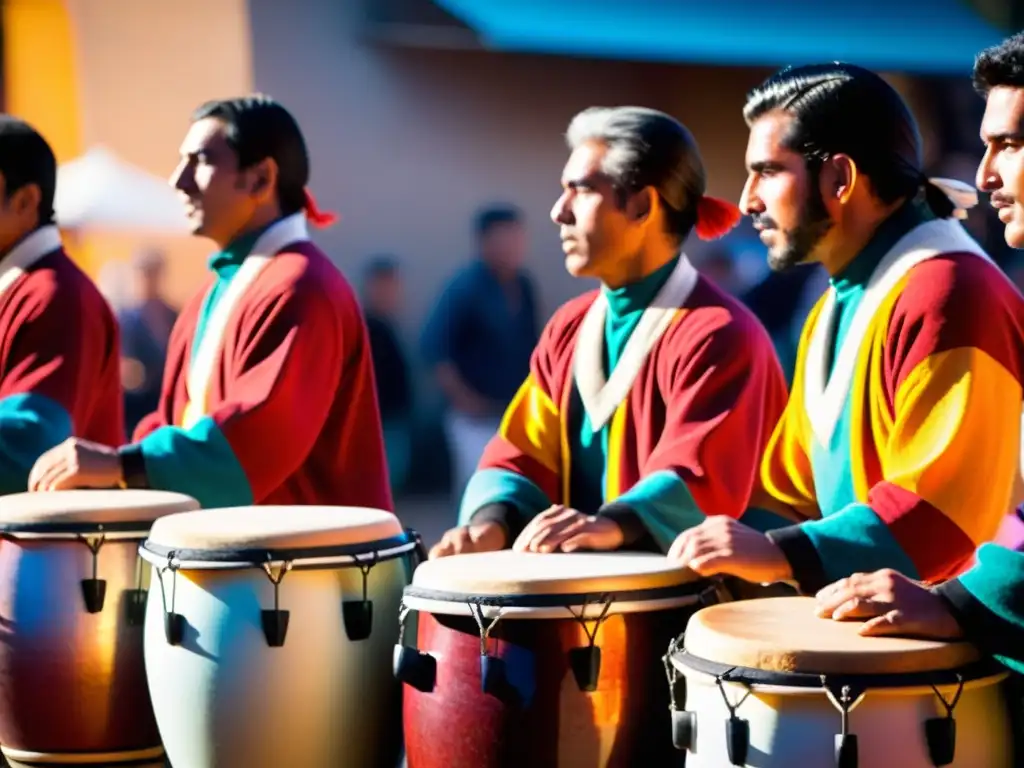 Grupo de tamborileros uruguayos tradicionales tocando con pasión al atardecer