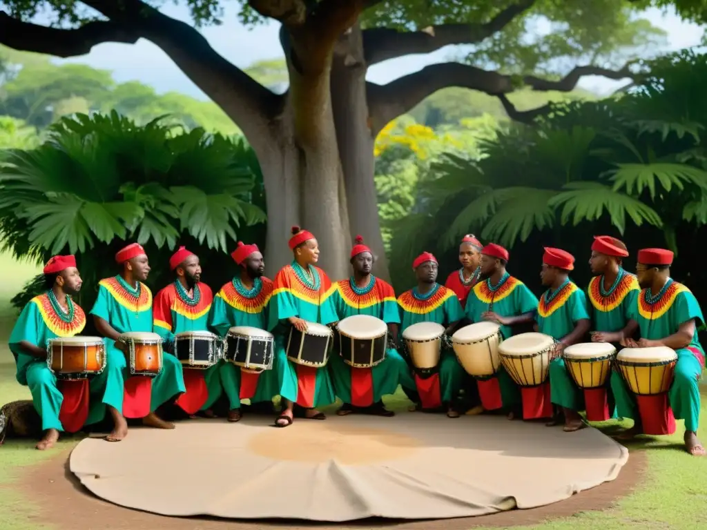 Grupo de tamborileros vestidos en atuendos afrocaribeños, conectados en un círculo bajo un árbol