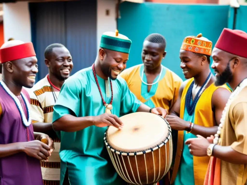 Tambor parlante Yoruba historia: Grupo de tamborileros Yoruba en un mercado, vistiendo trajes tradicionales y tocando con pasión