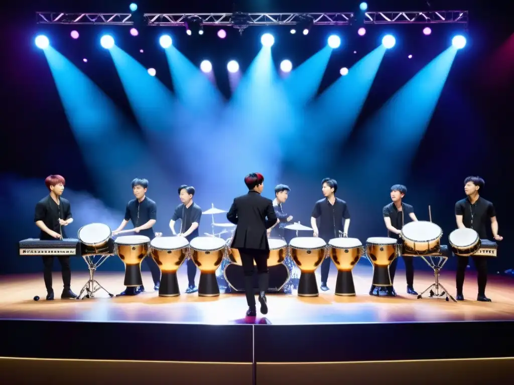 Grupo de percusión KPop con técnicas modernas en vibrante escenario