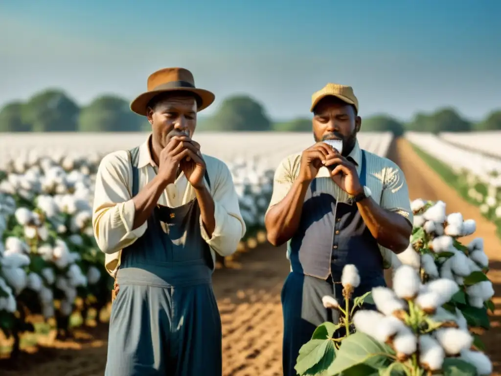 Grupo de trabajadores afroamericanos tocando la armónica en medio de los campos de algodón, destacando la historia de la armónica en la música y la cultura afroamericana