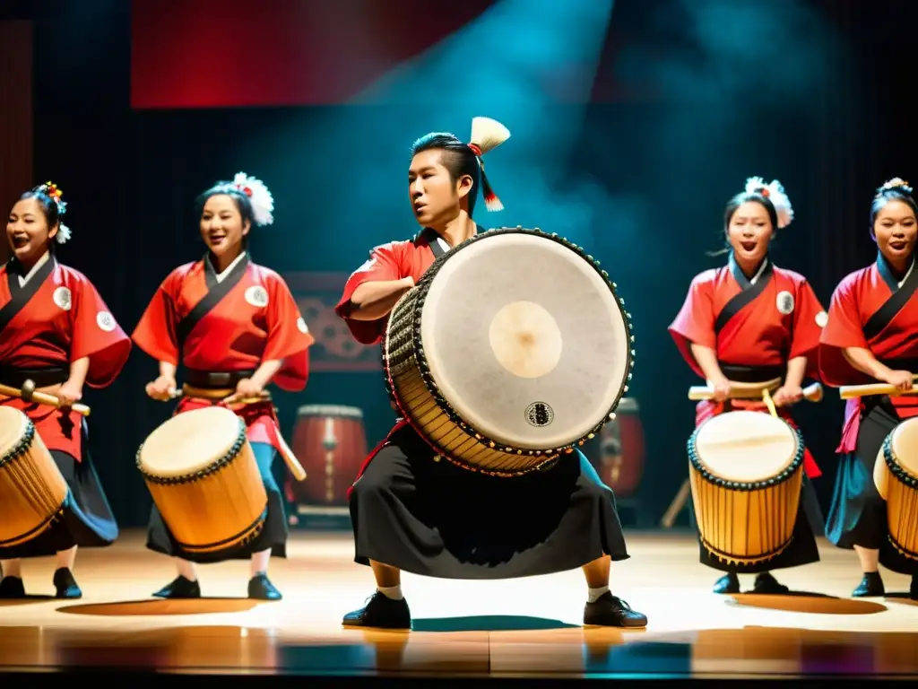 Un grupo tradicional de tambores japoneses Taiko enérgicamente interpretados en un escenario, mostrando la rica historia y técnica del Taiko japonés