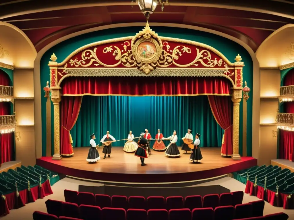 Grupo en trajes históricos tocando dulzainas en el teatro tradicional español