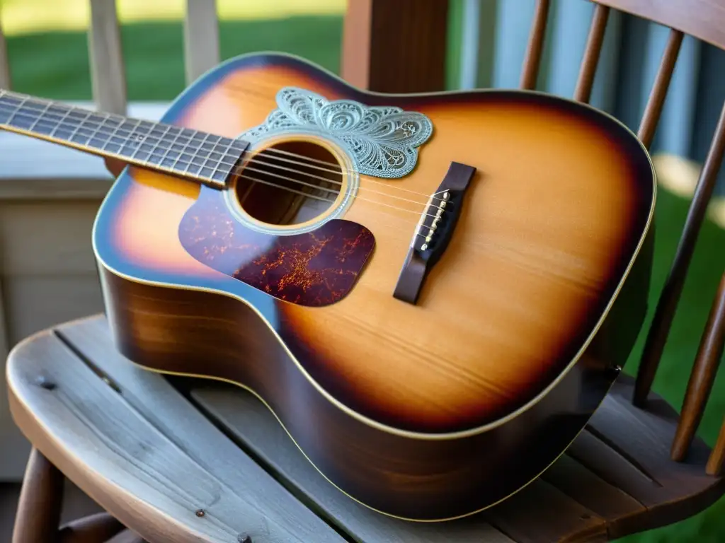 Una guitarra acústica artesanal y desgastada descansa en una silla de madera vieja en un porche, bañada por la cálida luz del sol