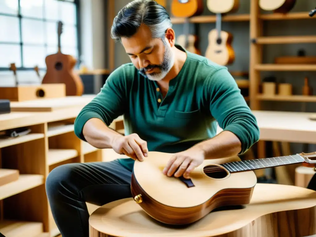 Un luthier hábil crea una guitarra acústica eco-friendly en su taller luminoso, con detalles intrincados y materiales especiales