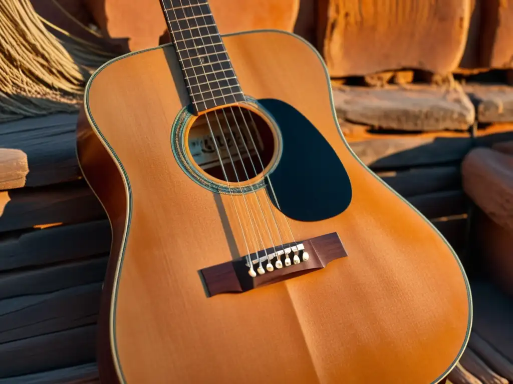 Una guitarra acústica de madera descansa contra una pared de adobe, iluminada por la cálida luz del atardecer