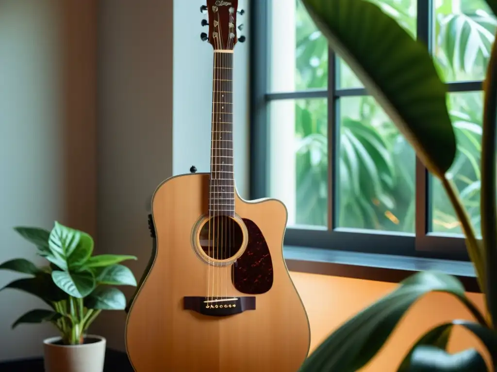 Una guitarra acústica de madera tradicional iluminada por el sol en una habitación con plantas, que destaca la influencia del entorno en acústica