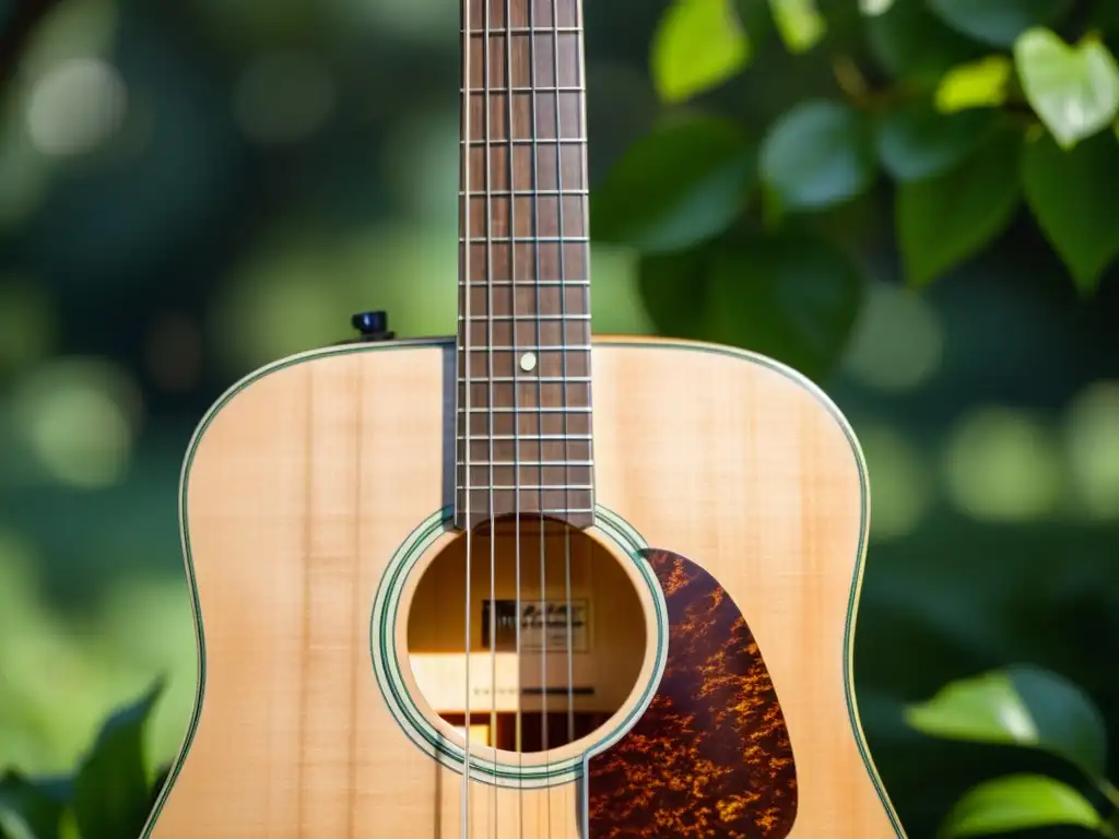 Una guitarra acústica de madera tradicional exhibida entre la exuberante vegetación, resaltando la conservación ambiental de instrumentos musicales