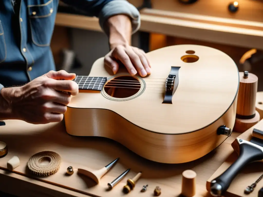 Un luthier crea una guitarra acústica moderna con detalle y destreza