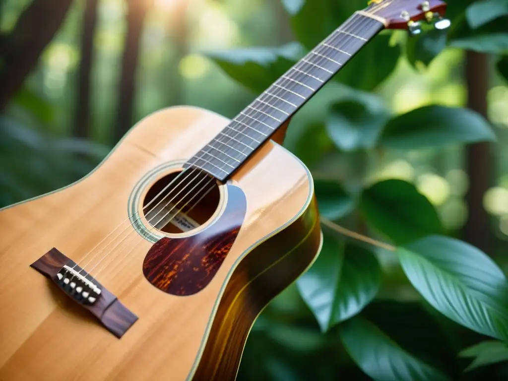 Una guitarra acústica tradicional es grabada en un bosque exuberante, creando un efecto 3D envolvente