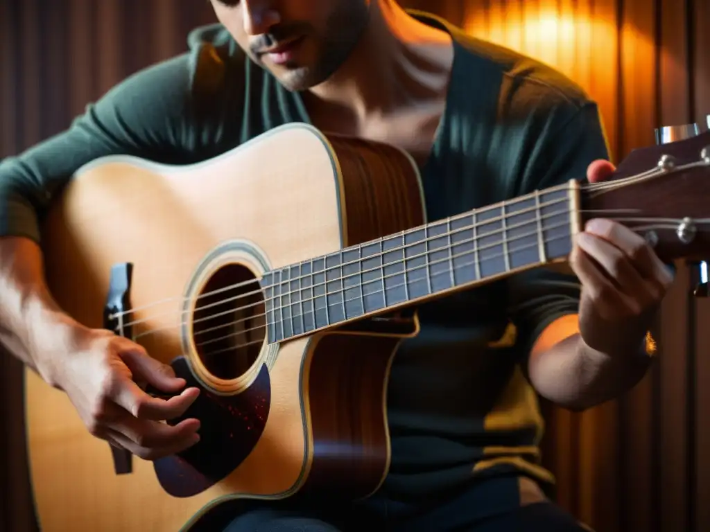 Una guitarra acústica tradicional se toca en una habitación con una atmósfera envolvente