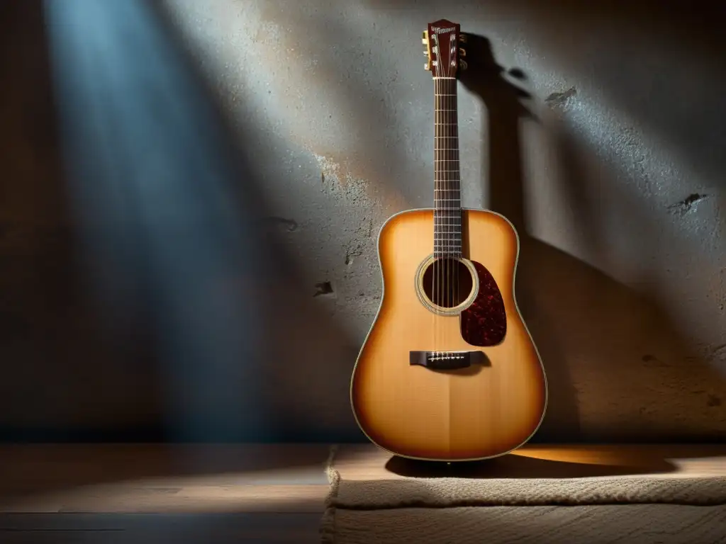 Una guitarra acústica tradicional de madera apoyada en una pared de piedra en una habitación atmosférica, influencia del entorno en acústica