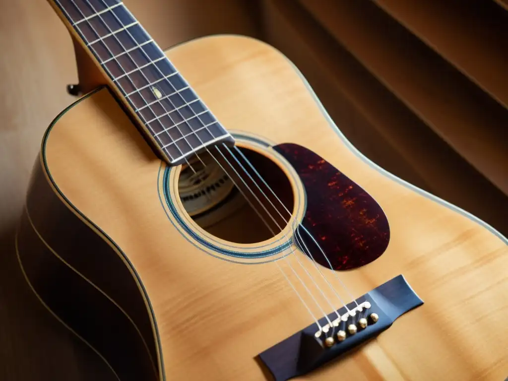 Una guitarra acústica vintage con detalles de madera y cuerdas, capturando la historia y el sonido de la guitarra acústica