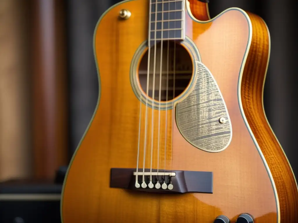 Una guitarra barítono de madera envejecida con tonos cálidos, destacando su belleza única