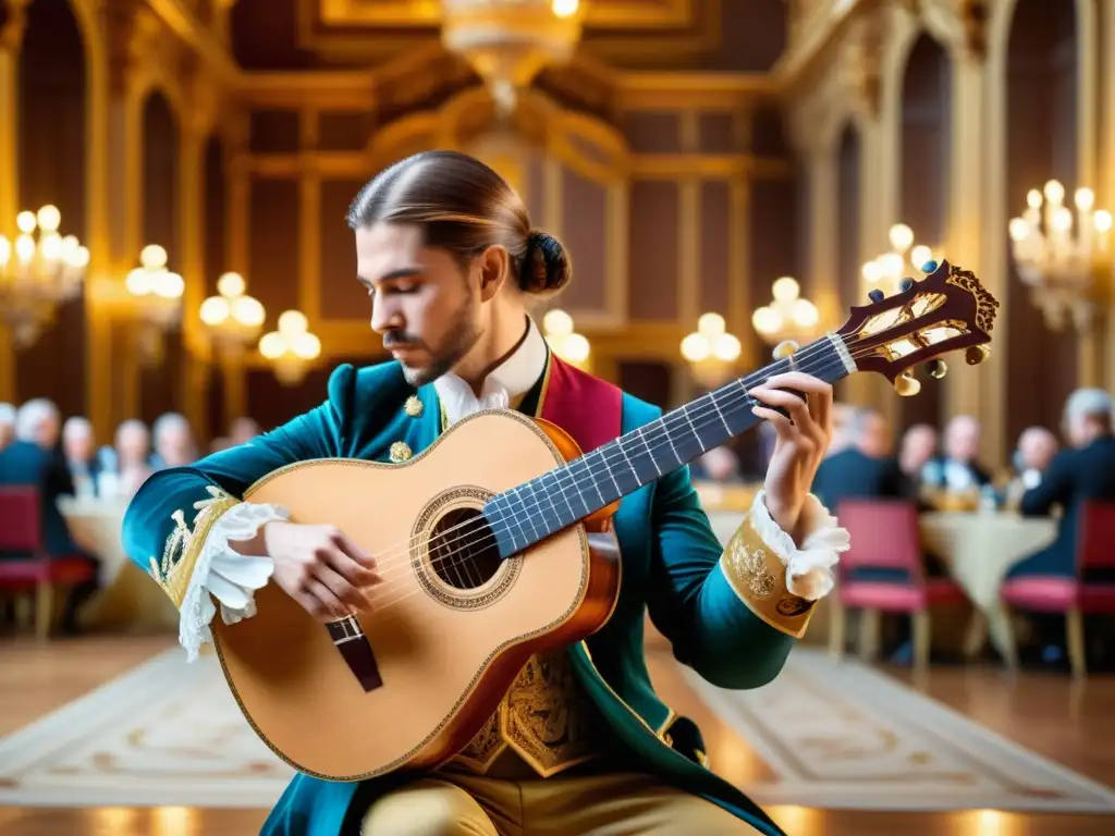 Una guitarra barroca es delicadamente tocada en un opulento salón de palacio, capturando la historia y el sonido de este instrumento