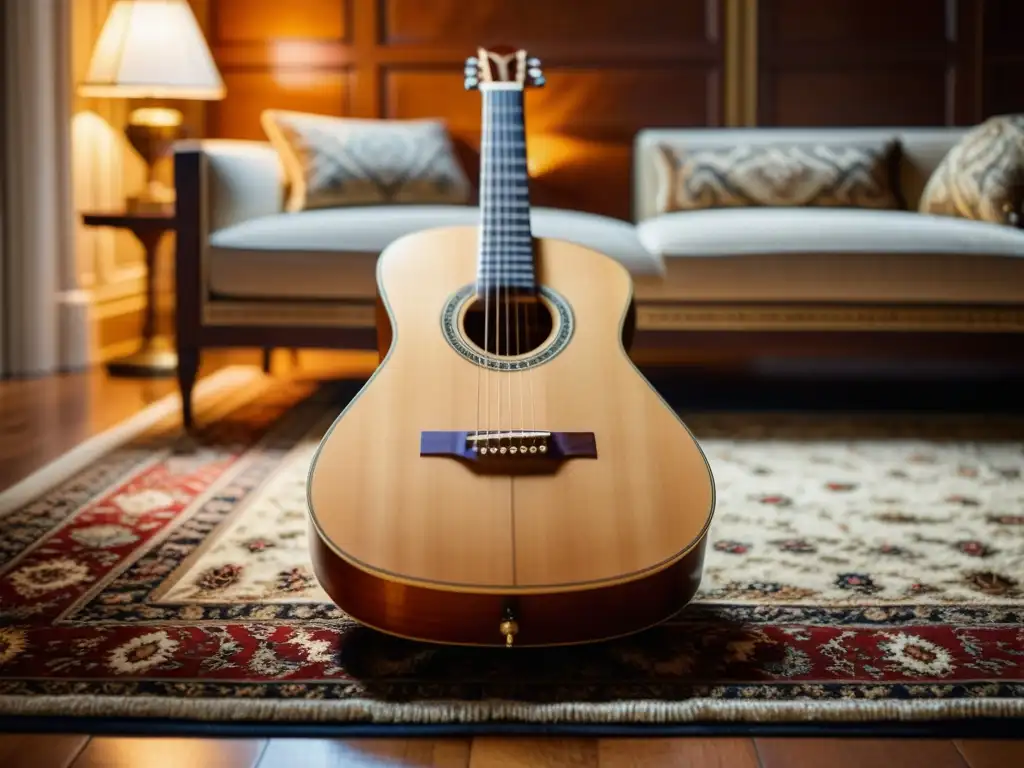 Una guitarra clásica descansa sobre una alfombra persa en un elegante salón de estilo antiguo, evocando la era del Romanticismo