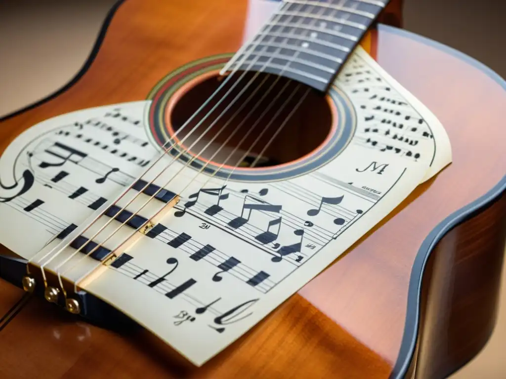 Una guitarra clásica reposa en un atril de madera con partituras detalladas