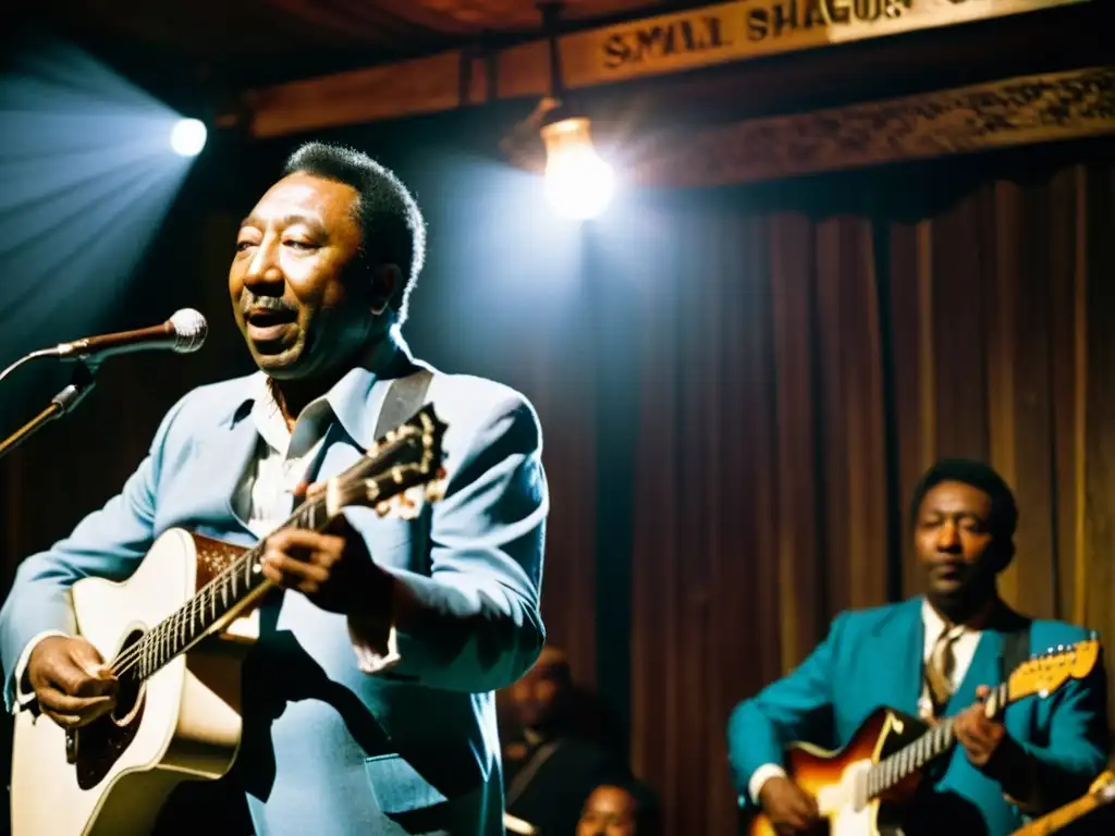 Muddy Waters tocando la guitarra en un club de blues oscuro y íntimo en Chicago