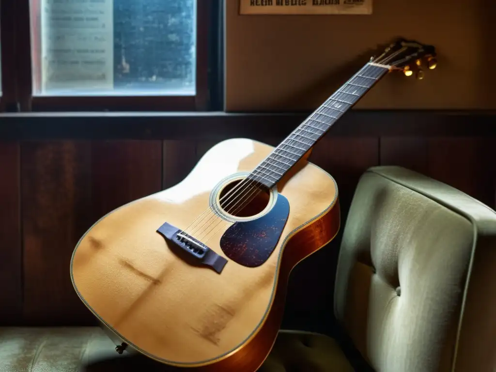 Una guitarra desgastada reposa sobre un estuche deteriorado en una habitación con posters musicales y un sillón gastado