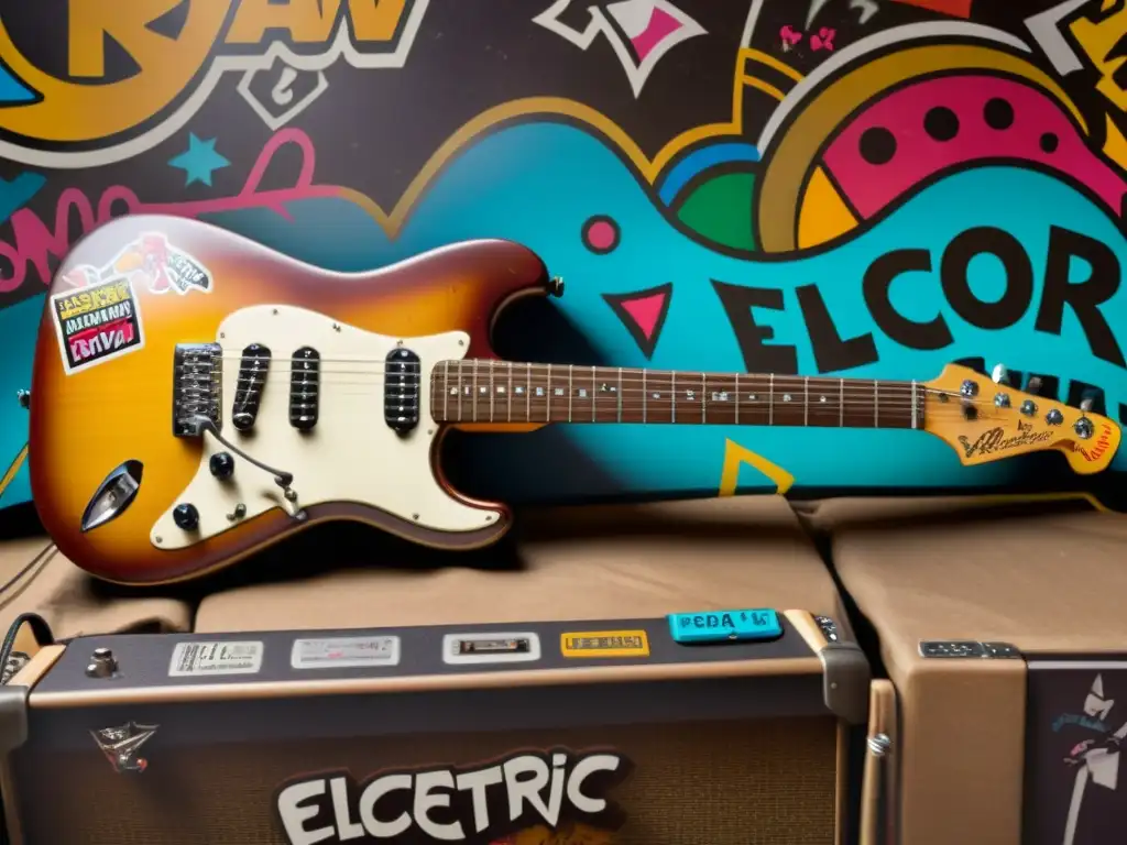 Una guitarra eléctrica vintage llena de stickers y grafitis, en un concierto de rock lleno de energía