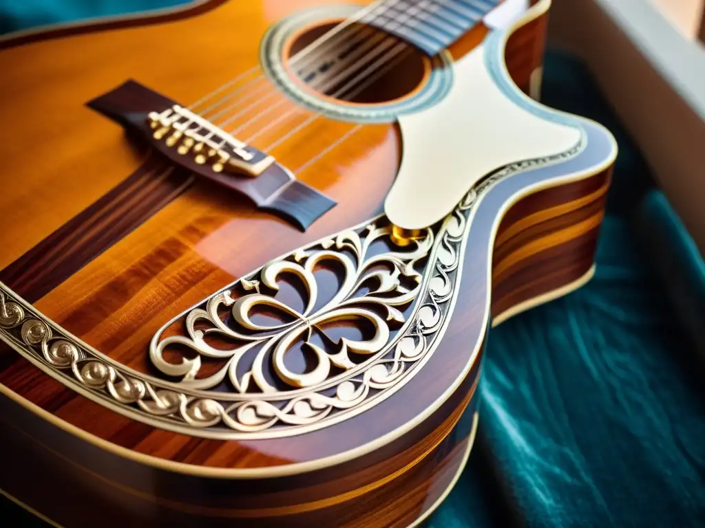 Una guitarra de rosa de la era del Romanticismo, con detalles intrincados y una artesanía exquisita, iluminada por la suave luz natural