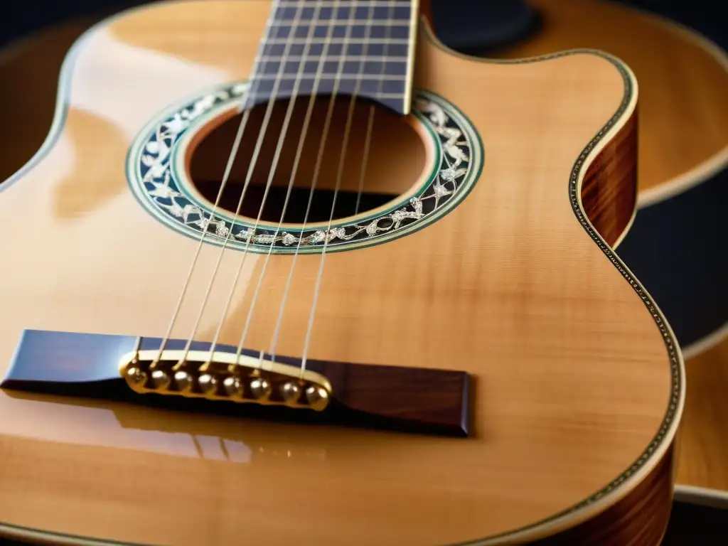 Una guitarra española con detalles de madera, incrustaciones de nácar y cuerdas tensas, evocando la pasión y la técnica de la música española