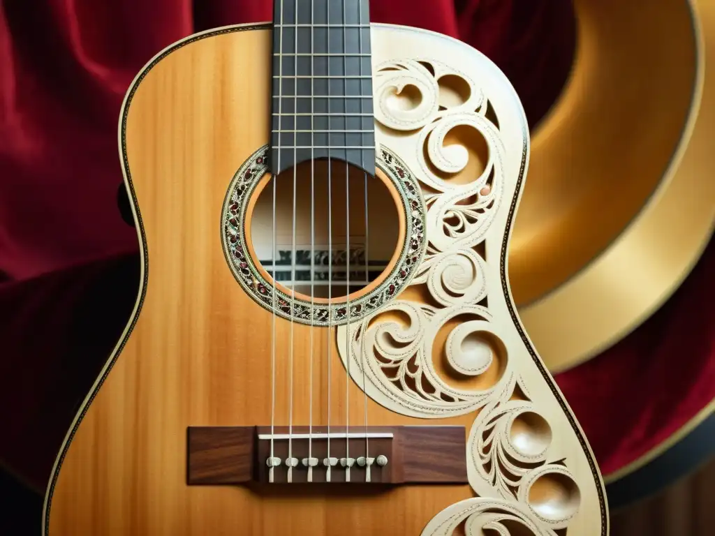 Una guitarra flamenca tallada con madera rica y delicadas incrustaciones de nácar, enmarcada por trajes y bailarines flamencos