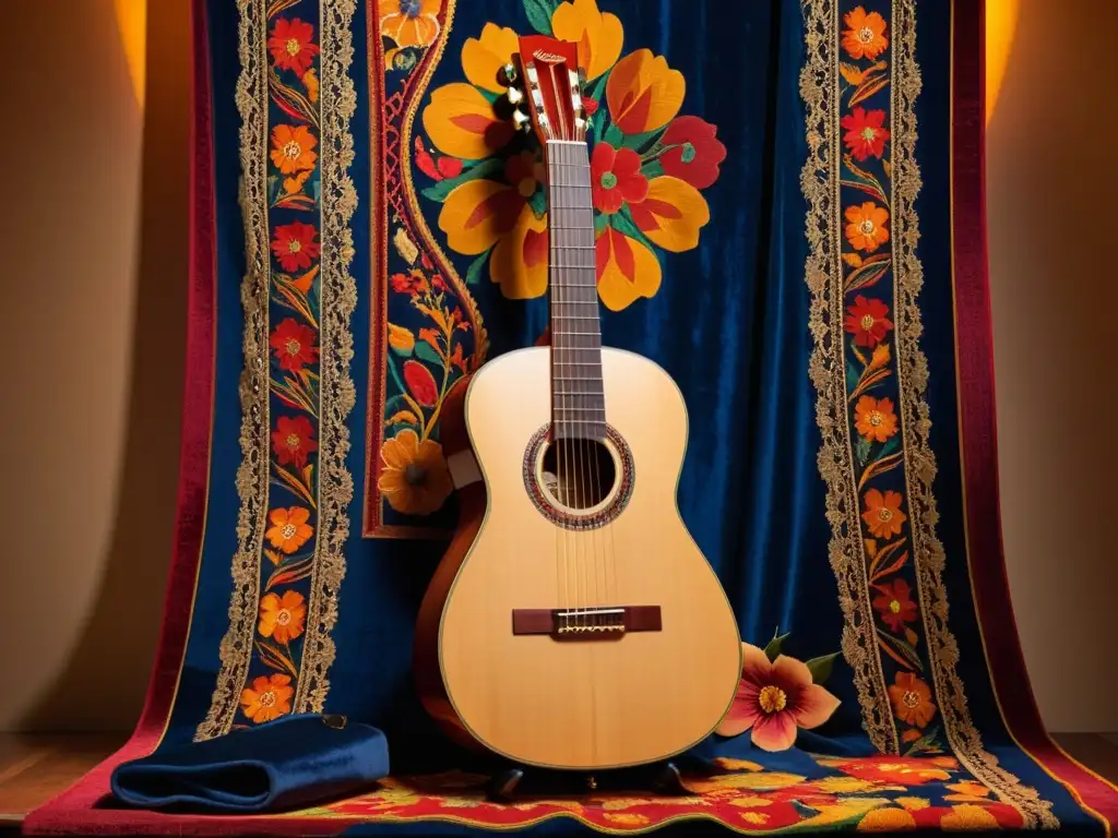 Una guitarra flamenca tallada con patrones florales coloridos descansa sobre un telón texturizado