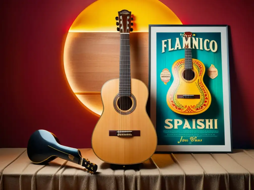 Una guitarra flamenca vintage con intrincados grabados, rodeada de afiches coloridos y luces cálidas, capturando el origen y evolución de la guitarra flamenca