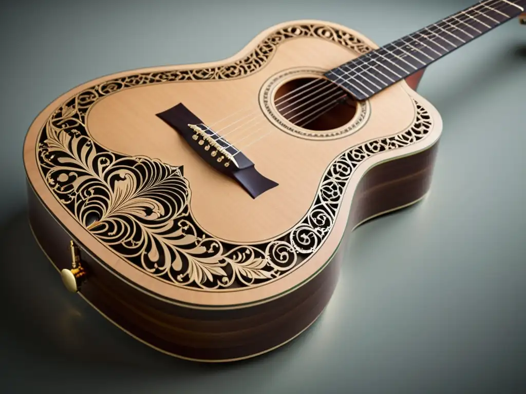 Una guitarra de madera con diseños láser, fusionando artesanía tradicional y tecnología moderna