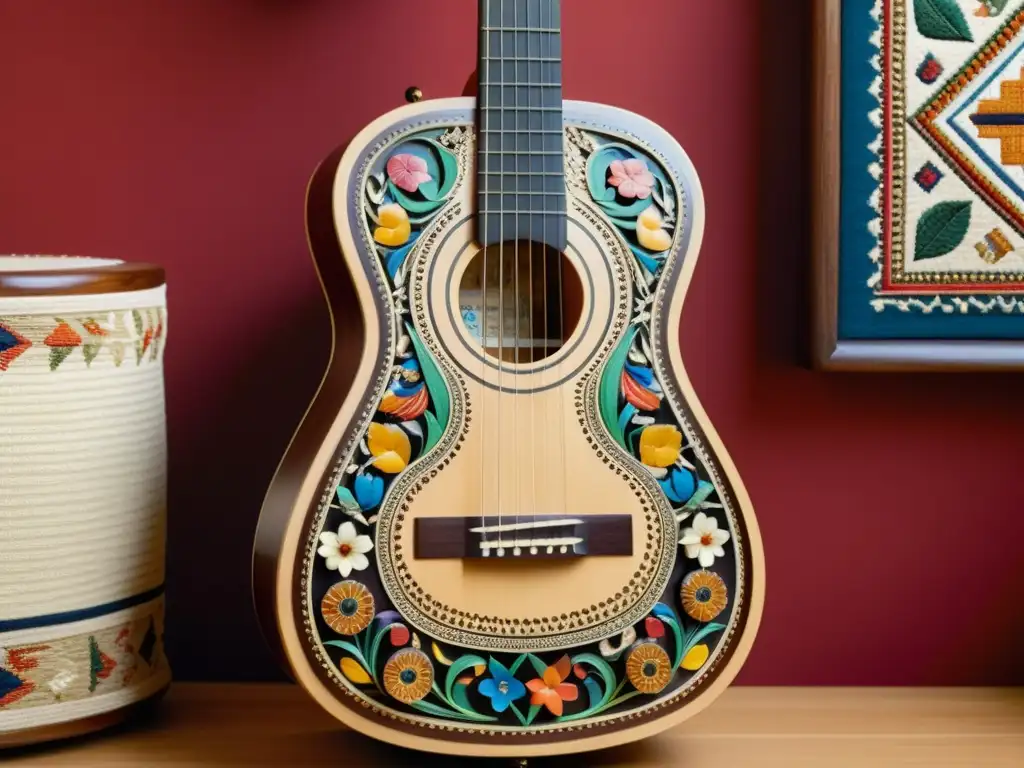 Guitarra tallada y pintada, símbolos culturales vibrantes Una guitarra de madera tallada con símbolos y motivos pintados a mano que reflejan influencias culturales de la migración