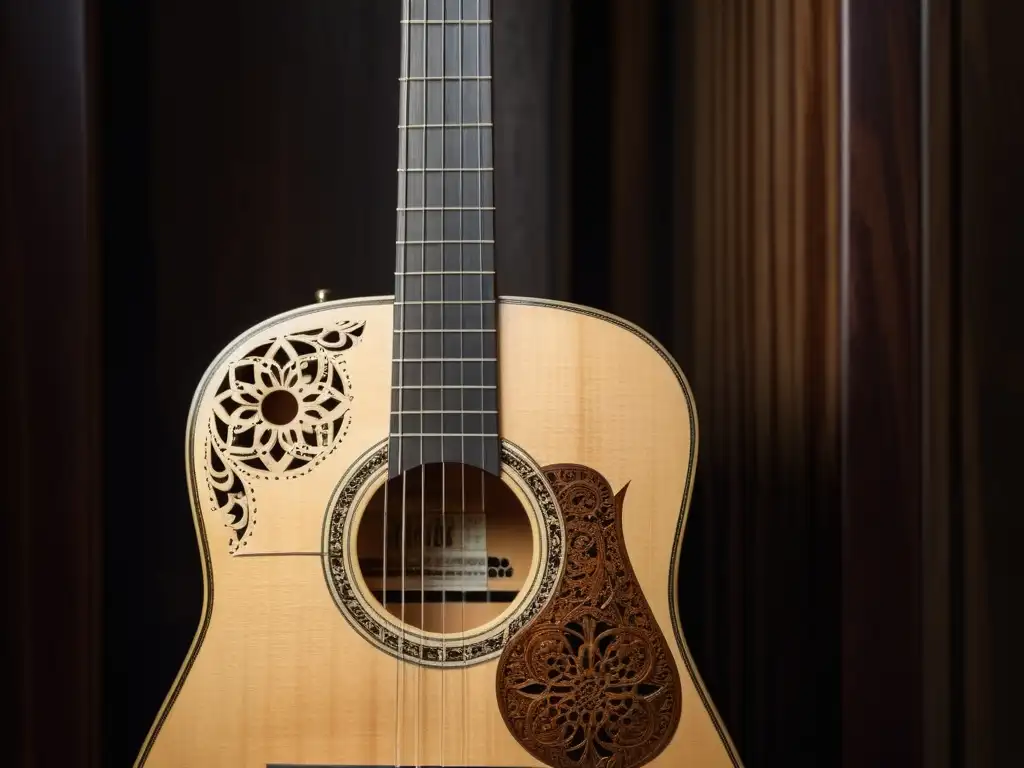 Una Guitarra Portuguesa descansa en un ambiente atmosférico y melancólico, evocando la esencia del Fado y su relevancia cultural en el cine