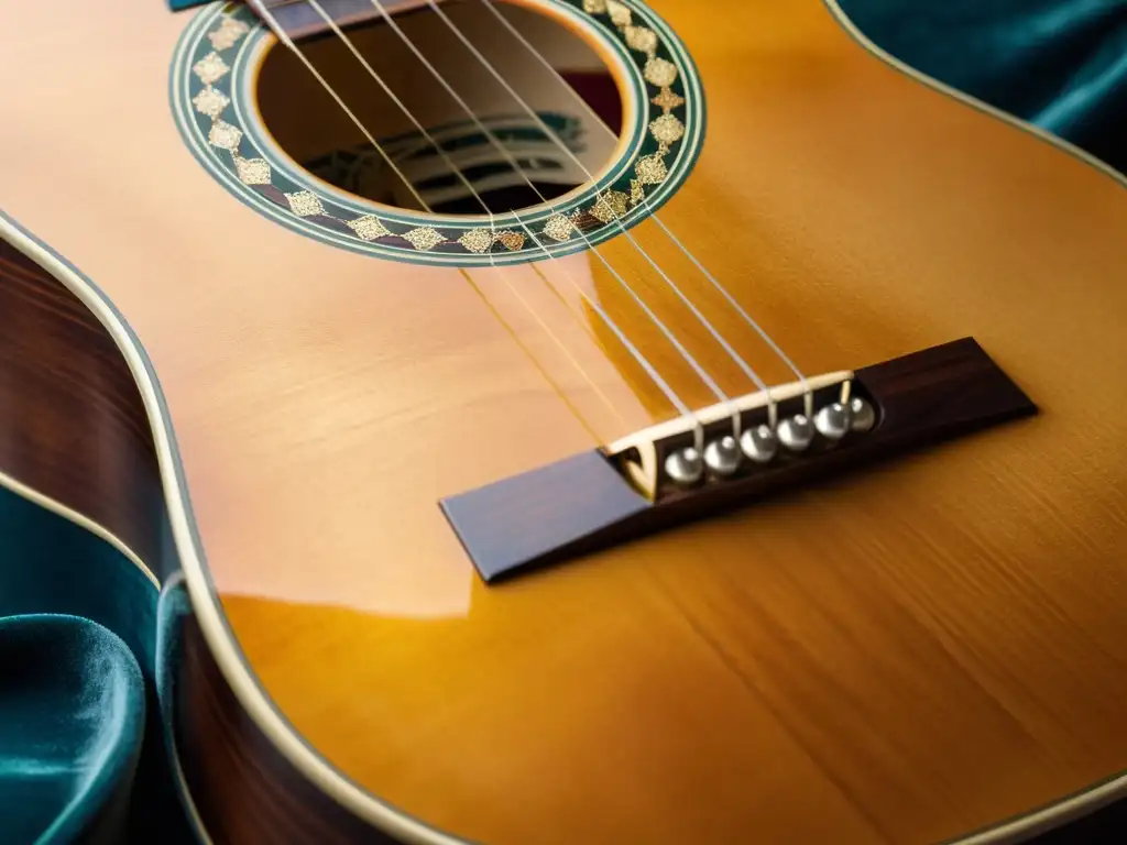 Una guitarra portuguesa artesanal descansa en un estuche de terciopelo, destacando sus detalles intrincados y la calidez de la madera envejecida