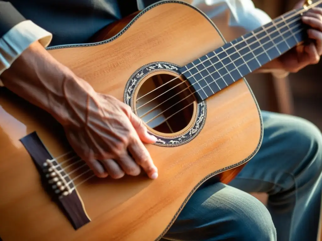 Una Guitarra Portuguesa en el Cine: una imagen de alta resolución de una guitarra portuguesa artesanal, con detalles de madera y manos del músico