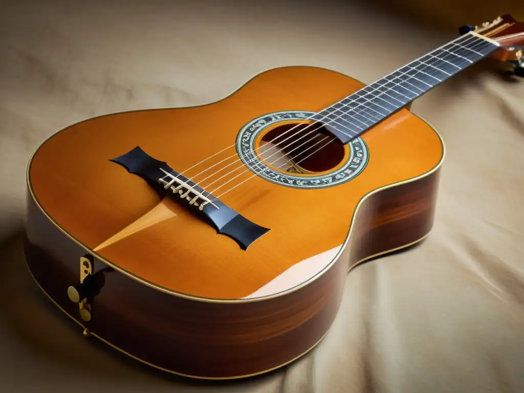 Una guitarra portuguesa tradicional con detalles de madera y cuerdas, evocando historia y tradición en los tonos cálidos