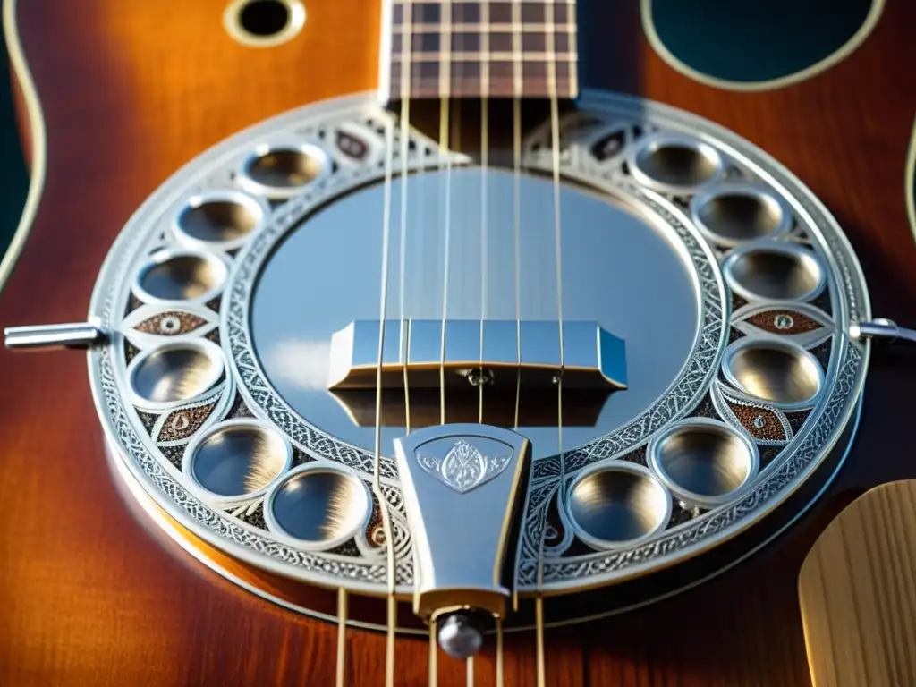 Una guitarra resonadora de cuerpo metálico vintage, con engravings intrincados y un diapasón desgastado, bañada en cálida luz natural