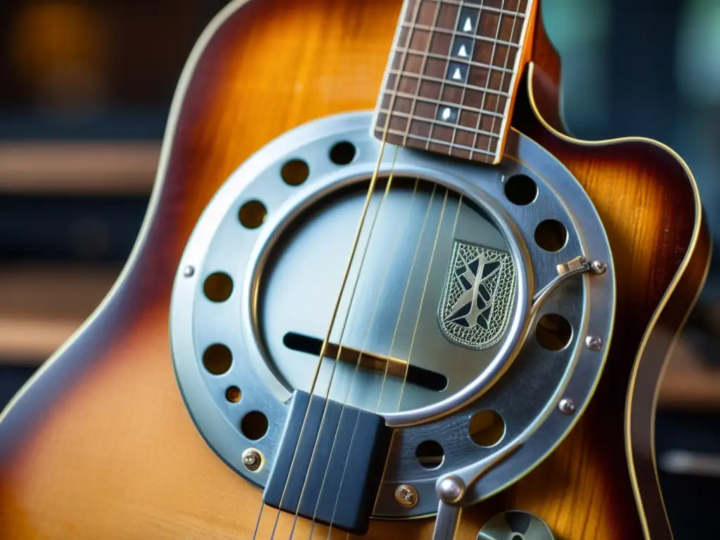 Una guitarra resonadora vintage con slide, iluminada por la cálida luz natural