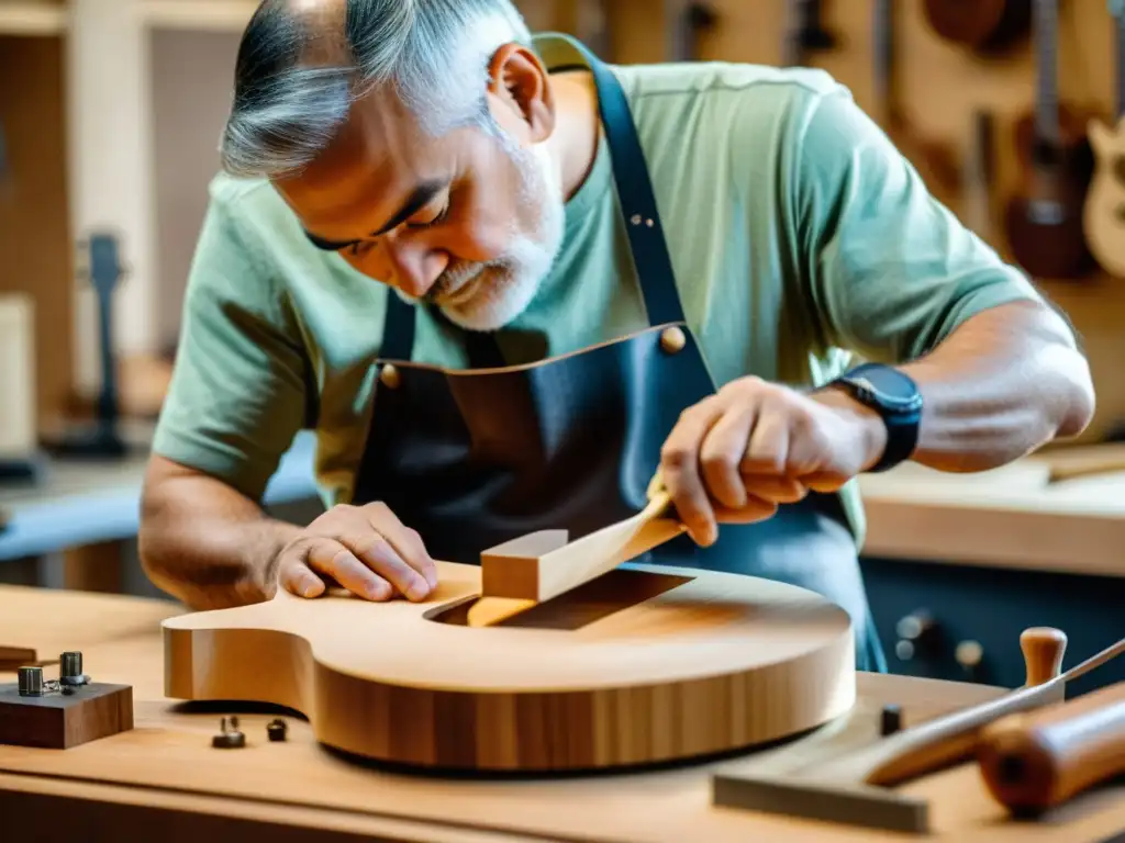 Un luthier crea una guitarra sostenible con maestría, destacando el proceso de creación de guitarras sostenibles en un taller cálido y auténtico