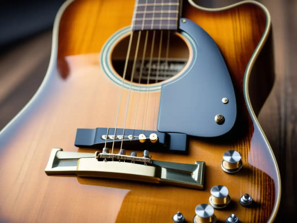 Una guitarra vintage desgastada con afinación abierta, destacando los detalles artesanales y la esencia del blues