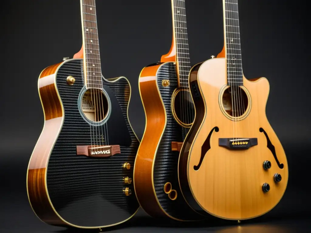 Comparación entre guitarras de madera y carbono, que muestra la evolución histórica y tecnológica en el diseño de guitarras