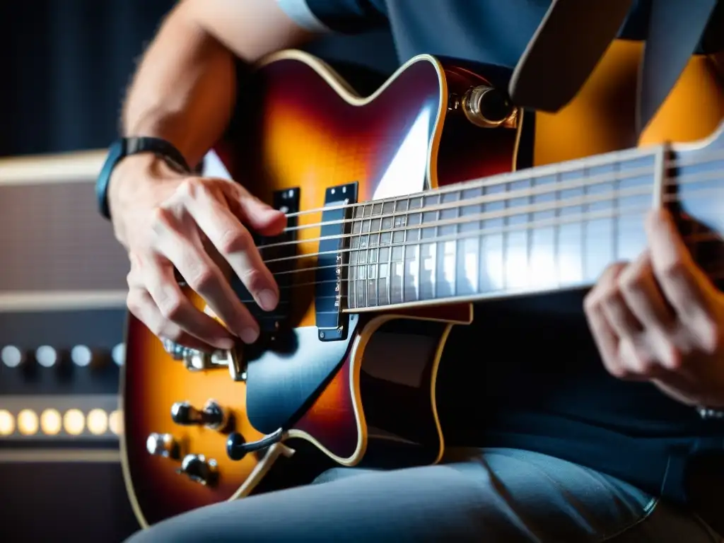 Hábil guitarrista tocando acordes complejos en una guitarra eléctrica moderna en la Academia Digital de Guitarra